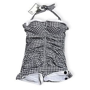 Retro Stage Gingham One Piece Swimsuit Womens Medium Black White Ruched NWT